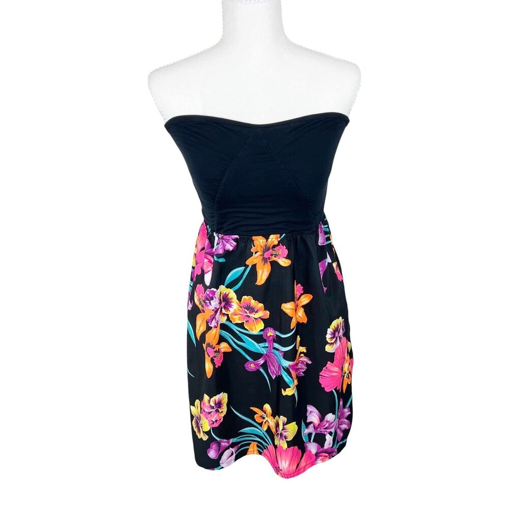 Roxy Dress Women Large Black Strapless Neon Floral Skirt Mini Casual Juniors